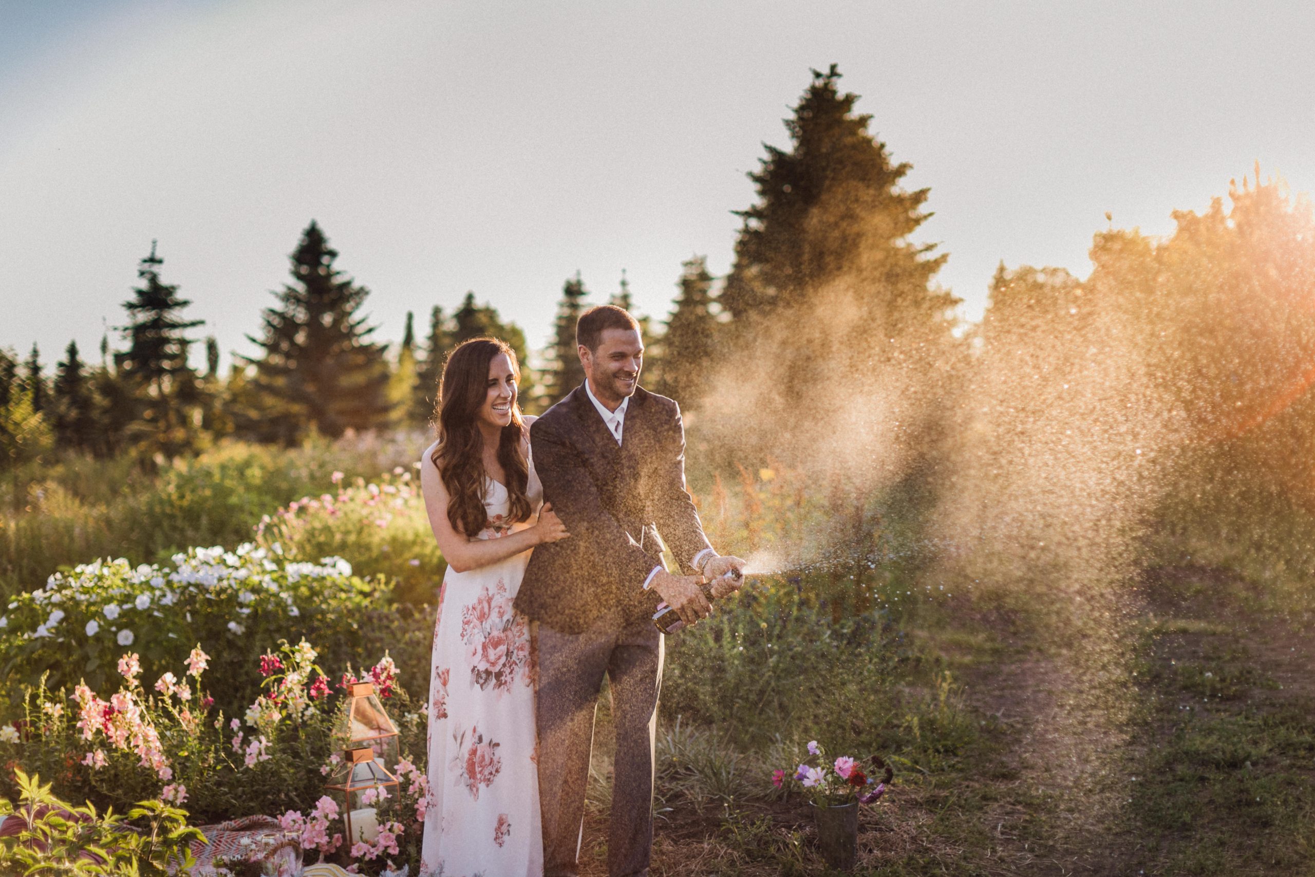 Golden-hour garden picnic engagement session