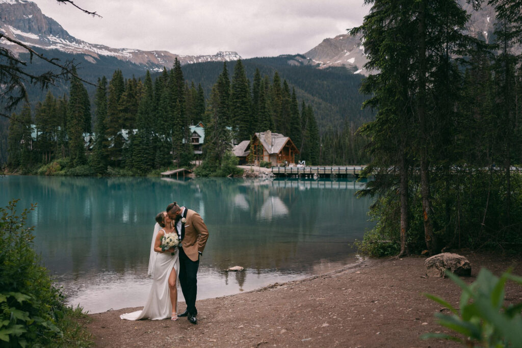 A couple gets married in a relaxed summer wedding ceremony at Emerald Lake Lodge in Field, British Columbia